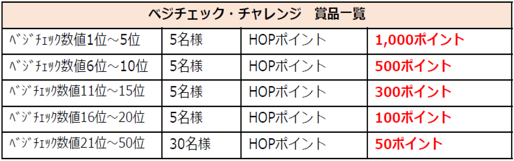 ベジチェック・チャレンジ賞品一覧